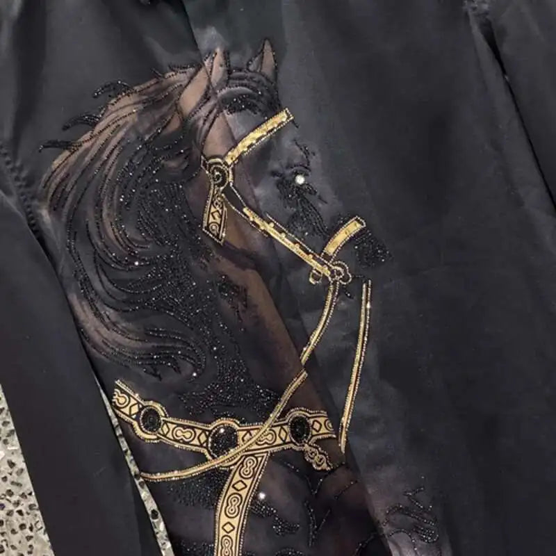 Rhinestones Shirts Mens Luxury Top Diamond Men's Shirt Long Mouw Slim Casual Shirt Black Animal Horse Shirt Social Camisa Hombre