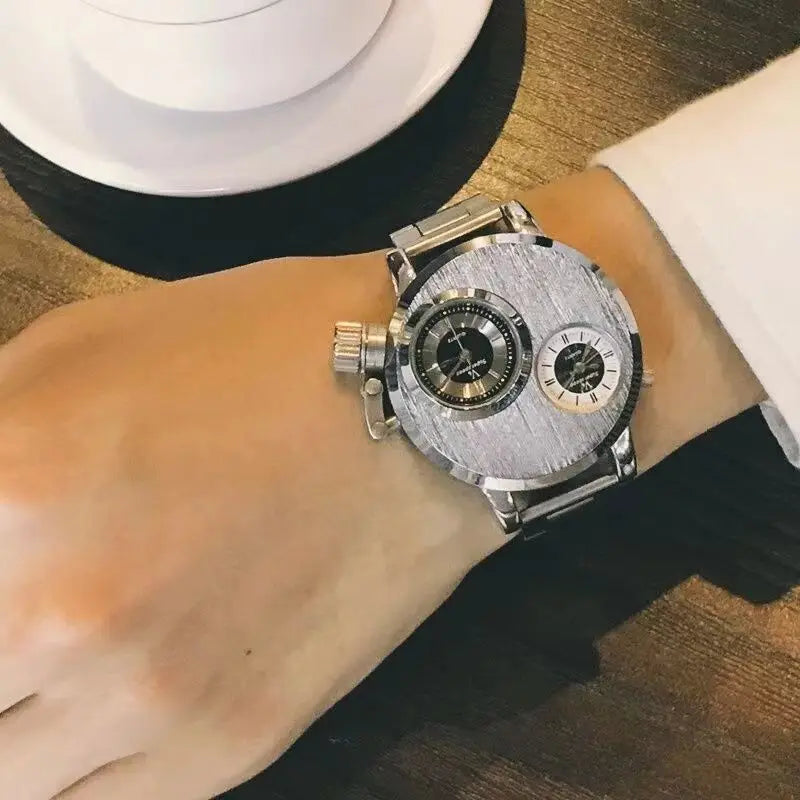 Luxury Quartz Men's Watches Punk Style Dual Dial Business Men Wristwatch Stainless Steel Strap Waterproof Military Watch