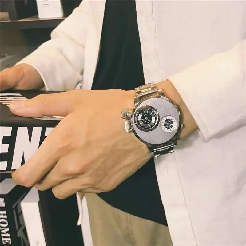 Luxury Quartz Men's Watches Punk Style Dual Dial Business Men Wristwatch Stainless Steel Strap Waterproof Military Watch