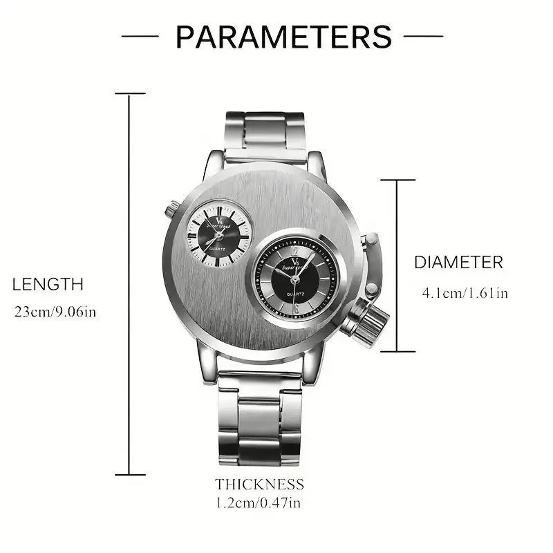 Luxury Quartz Men's Watches Punk Style Dual Dial Business Men Wristwatch Stainless Steel Strap Waterproof Military Watch