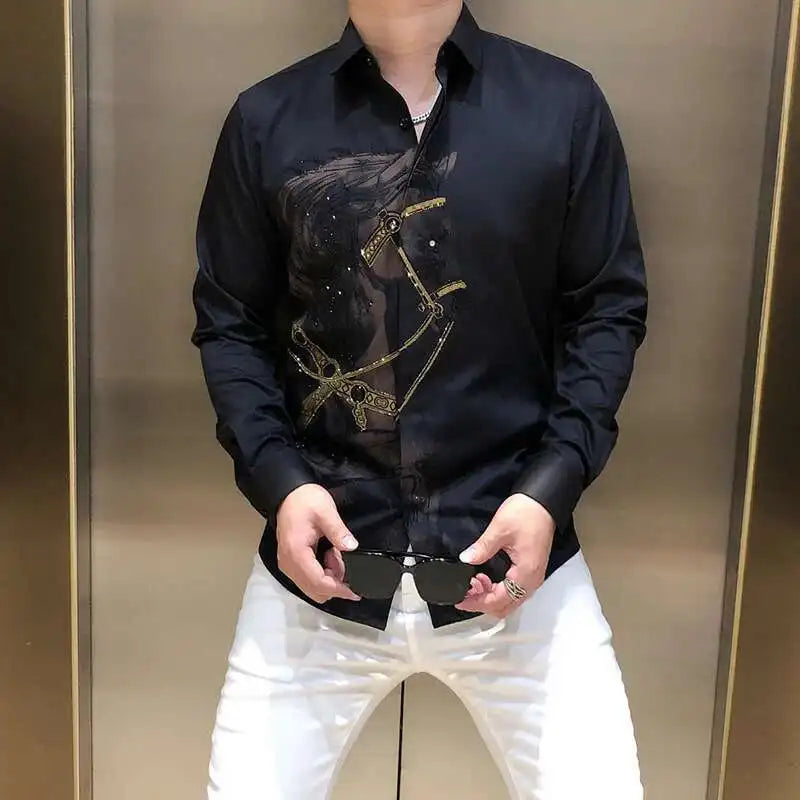 Rhinestones Shirts Mens Luxury Top Diamond Men's Shirt Long Mouw Slim Casual Shirt Black Animal Horse Shirt Social Camisa Hombre