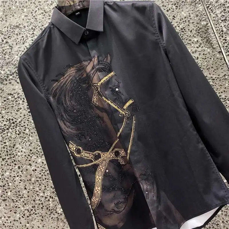 Rhinestones Shirts Mens Luxury Top Diamond Men's Shirt Long Mouw Slim Casual Shirt Black Animal Horse Shirt Social Camisa Hombre