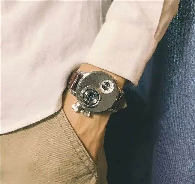 Luxury Quartz Men's Watches Punk Style Dual Dial Business Men Wristwatch Stainless Steel Strap Waterproof Military Watch