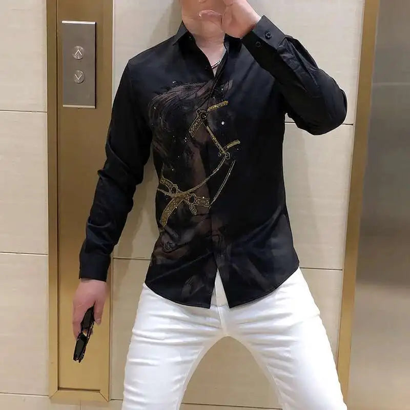 Rhinestones Shirts Mens Luxury Top Diamond Men's Shirt Long Mouw Slim Casual Shirt Black Animal Horse Shirt Social Camisa Hombre