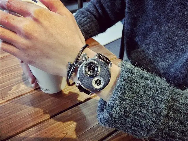 Luxury Quartz Men's Watches Punk Style Dual Dial Business Men Wristwatch Stainless Steel Strap Waterproof Military Watch