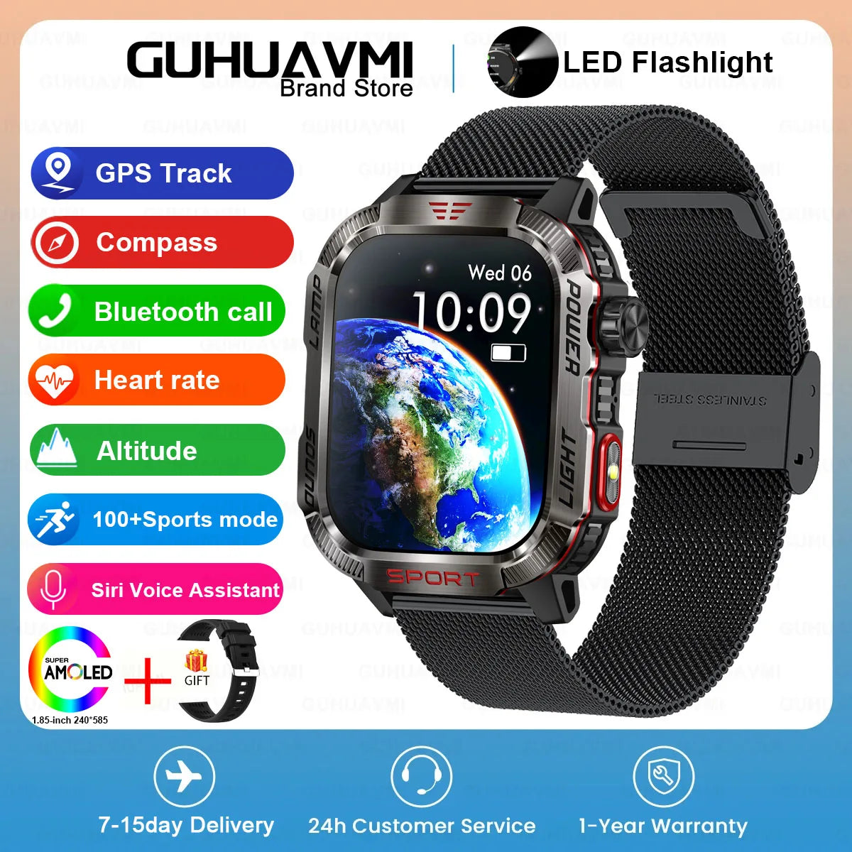 2024 New Rugged Military Fitness Smart Watch Men GPS Flashlight Compass 600mAh Battery For Xiaomi Outdoor Sport Call Smartwatch