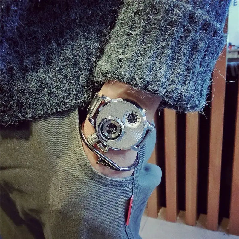 Luxury Quartz Men's Watches Punk Style Dual Dial Business Men Wristwatch Stainless Steel Strap Waterproof Military Watch