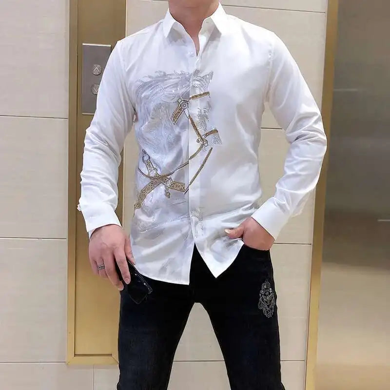 Rhinestones Shirts Mens Luxury Top Diamond Men's Shirt Long Mouw Slim Casual Shirt Black Animal Horse Shirt Social Camisa Hombre
