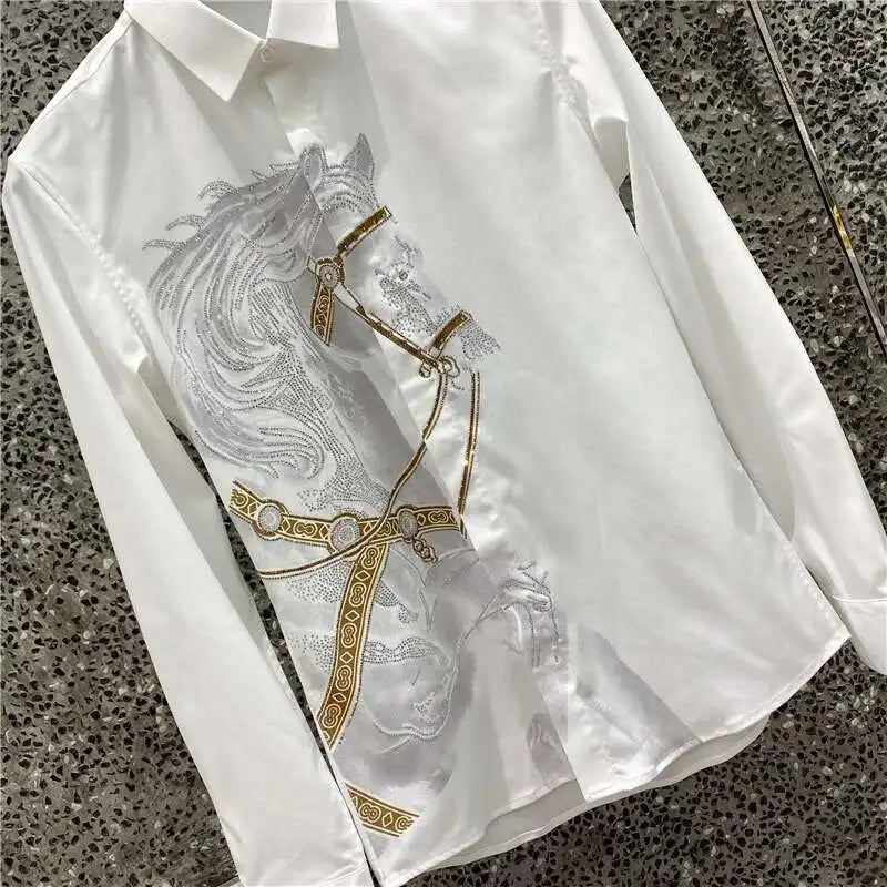Rhinestones Shirts Mens Luxury Top Diamond Men's Shirt Long Mouw Slim Casual Shirt Black Animal Horse Shirt Social Camisa Hombre