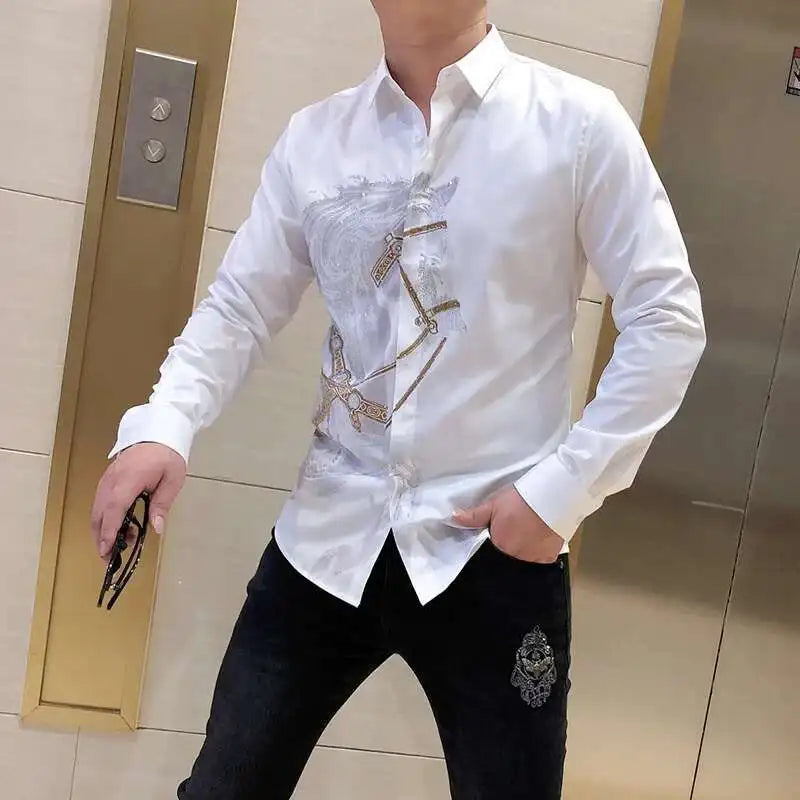 Rhinestones Shirts Mens Luxury Top Diamond Men's Shirt Long Mouw Slim Casual Shirt Black Animal Horse Shirt Social Camisa Hombre