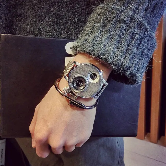 Luxury Quartz Men's Watches Punk Style Dual Dial Business Men Wristwatch Stainless Steel Strap Waterproof Military Watch