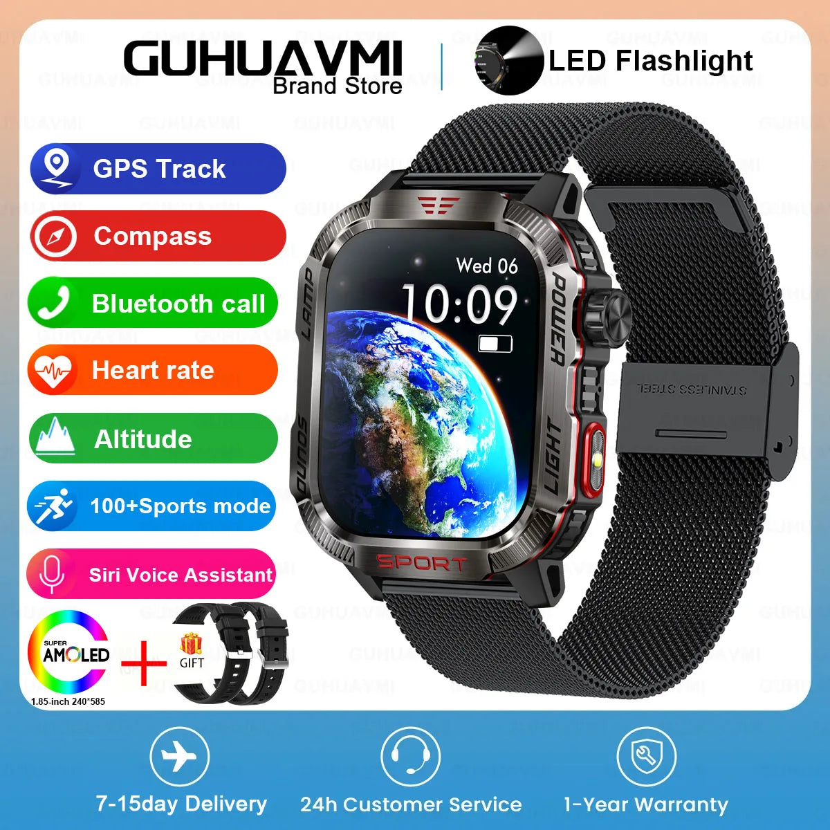 2024 New Rugged Military Fitness Smart Watch Men GPS Flashlight Compass 600mAh Battery For Xiaomi Outdoor Sport Call Smartwatch
