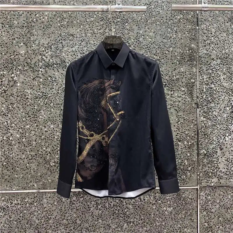 Rhinestones Shirts Mens Luxury Top Diamond Men's Shirt Long Mouw Slim Casual Shirt Black Animal Horse Shirt Social Camisa Hombre