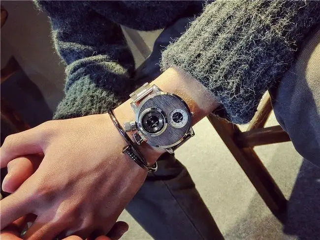 Luxury Quartz Men's Watches Punk Style Dual Dial Business Men Wristwatch Stainless Steel Strap Waterproof Military Watch