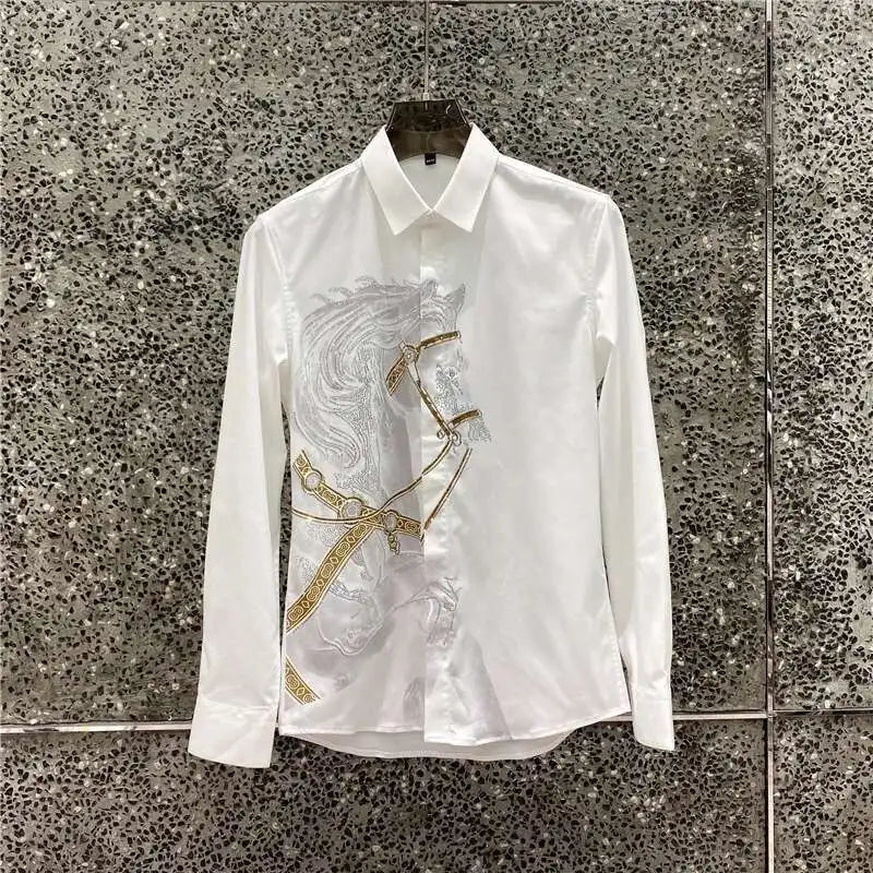 Rhinestones Shirts Mens Luxury Top Diamond Men's Shirt Long Mouw Slim Casual Shirt Black Animal Horse Shirt Social Camisa Hombre