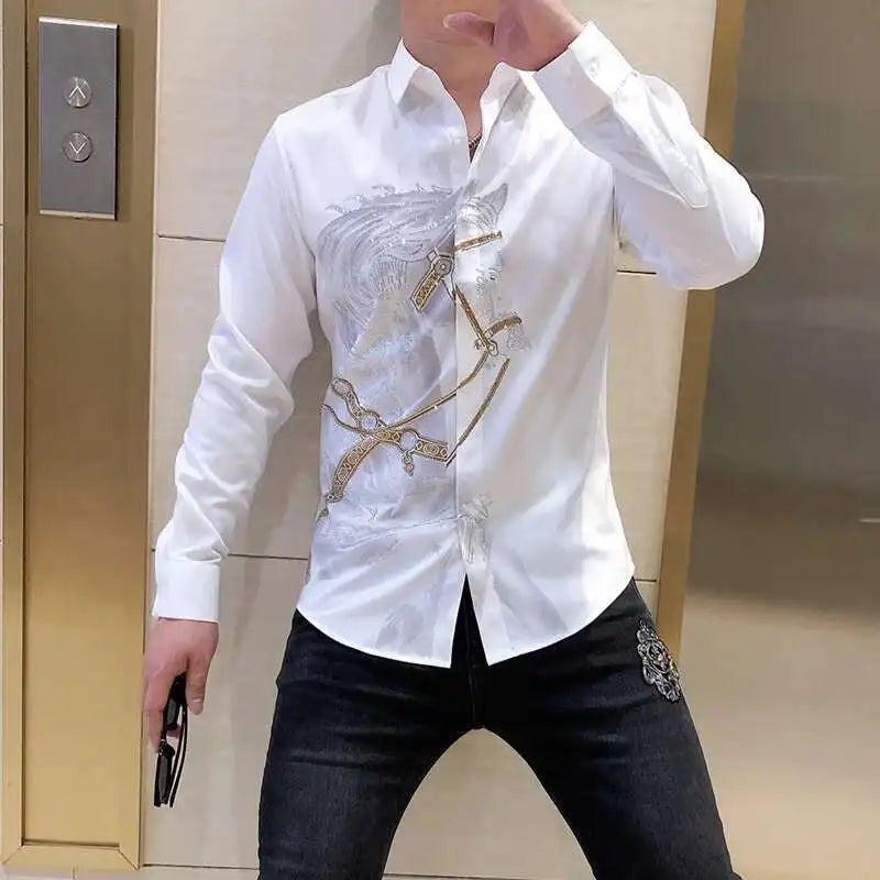 Rhinestones Shirts Mens Luxury Top Diamond Men's Shirt Long Mouw Slim Casual Shirt Black Animal Horse Shirt Social Camisa Hombre