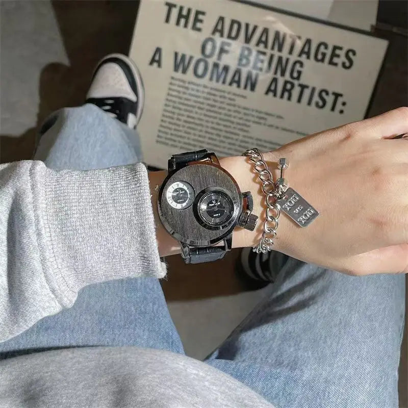 Luxury Quartz Men's Watches Punk Style Dual Dial Business Men Wristwatch Stainless Steel Strap Waterproof Military Watch