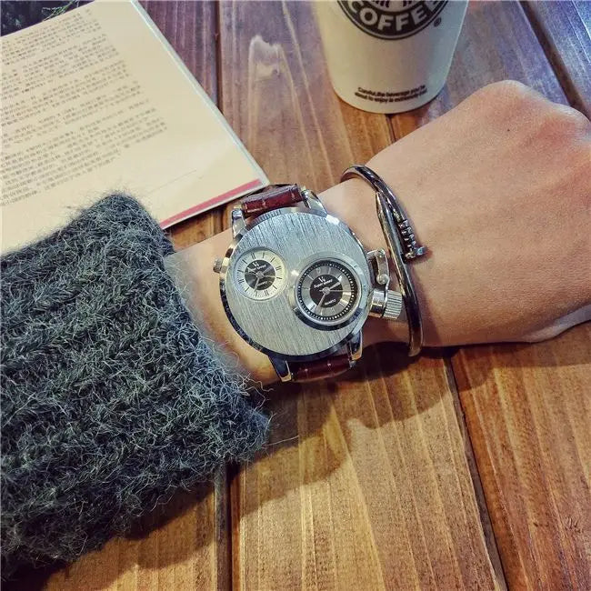 Luxury Quartz Men's Watches Punk Style Dual Dial Business Men Wristwatch Stainless Steel Strap Waterproof Military Watch