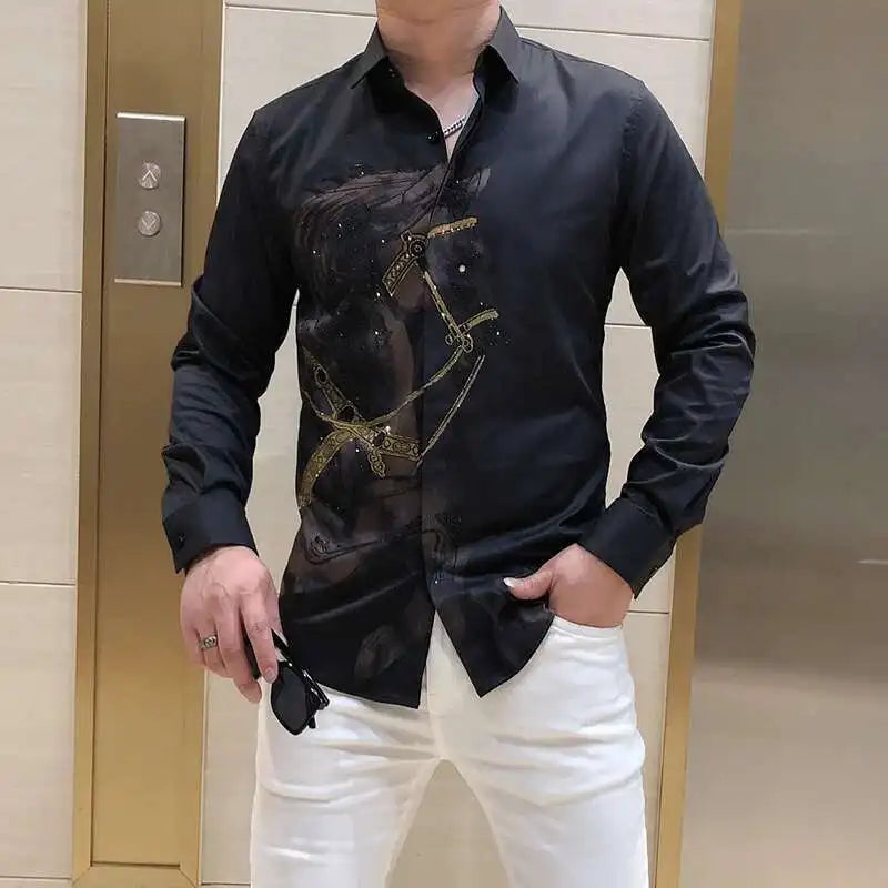 Rhinestones Shirts Mens Luxury Top Diamond Men's Shirt Long Mouw Slim Casual Shirt Black Animal Horse Shirt Social Camisa Hombre