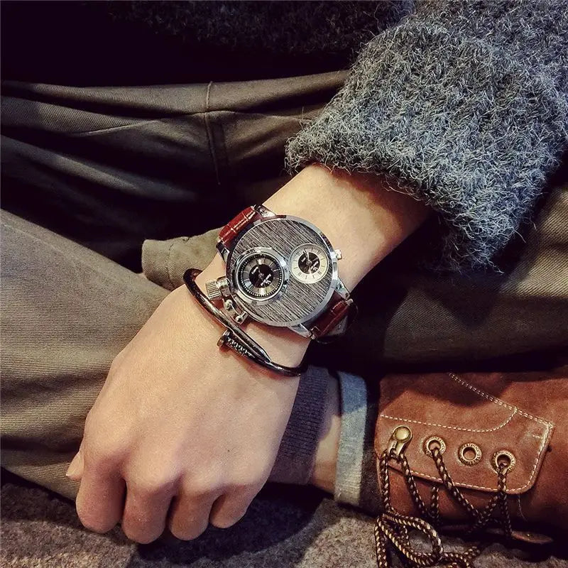 Luxury Quartz Men's Watches Punk Style Dual Dial Business Men Wristwatch Stainless Steel Strap Waterproof Military Watch
