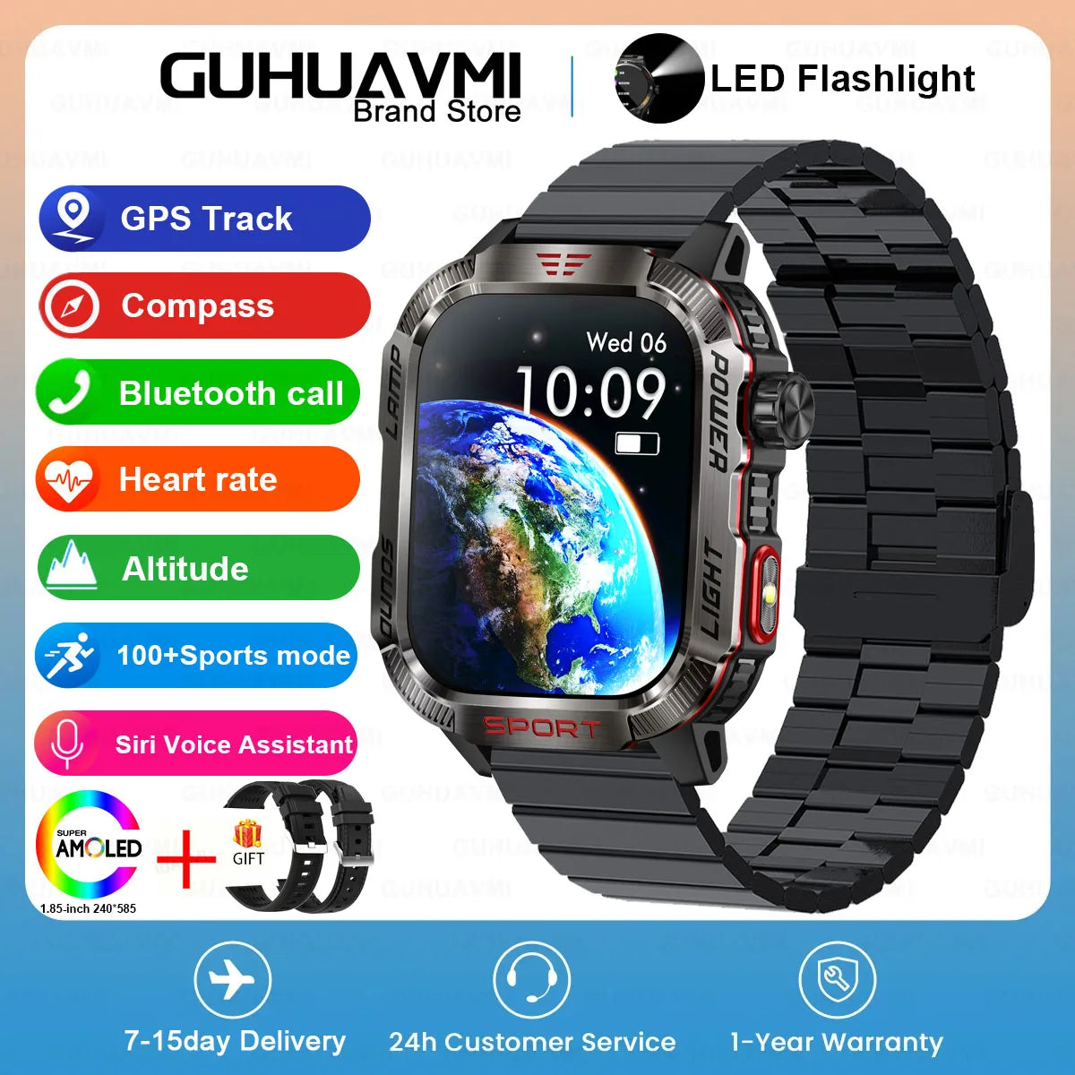 2024 New Rugged Military Fitness Smart Watch Men GPS Flashlight Compass 600mAh Battery For Xiaomi Outdoor Sport Call Smartwatch