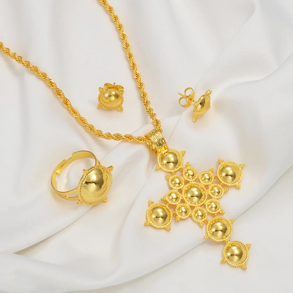 Anniyo Ethiopian Cross Necklace Earrings Rings African Party Jewelry Set Women Girls Eritrean Habesha Accessories @345906A