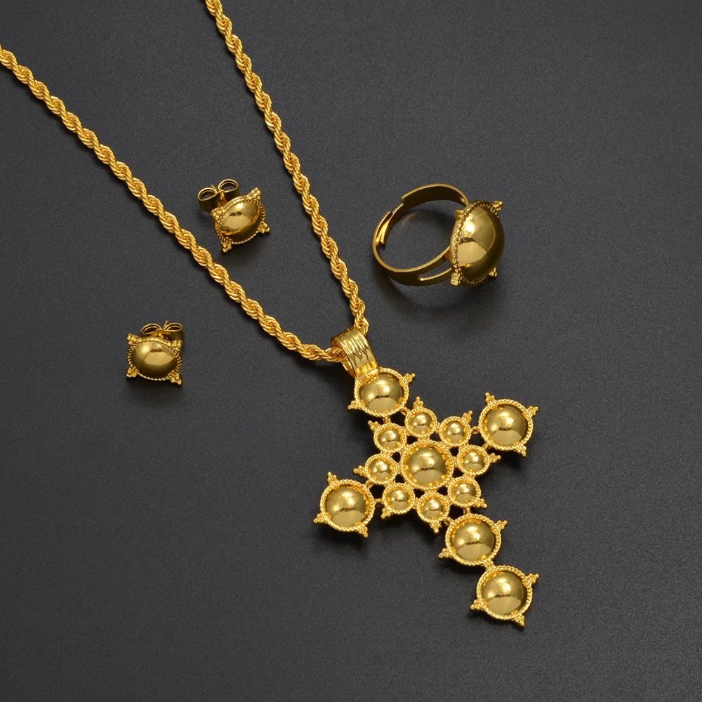 Anniyo Ethiopian Cross Necklace Earrings Rings African Party Jewelry Set Women Girls Eritrean Habesha Accessories @345906A