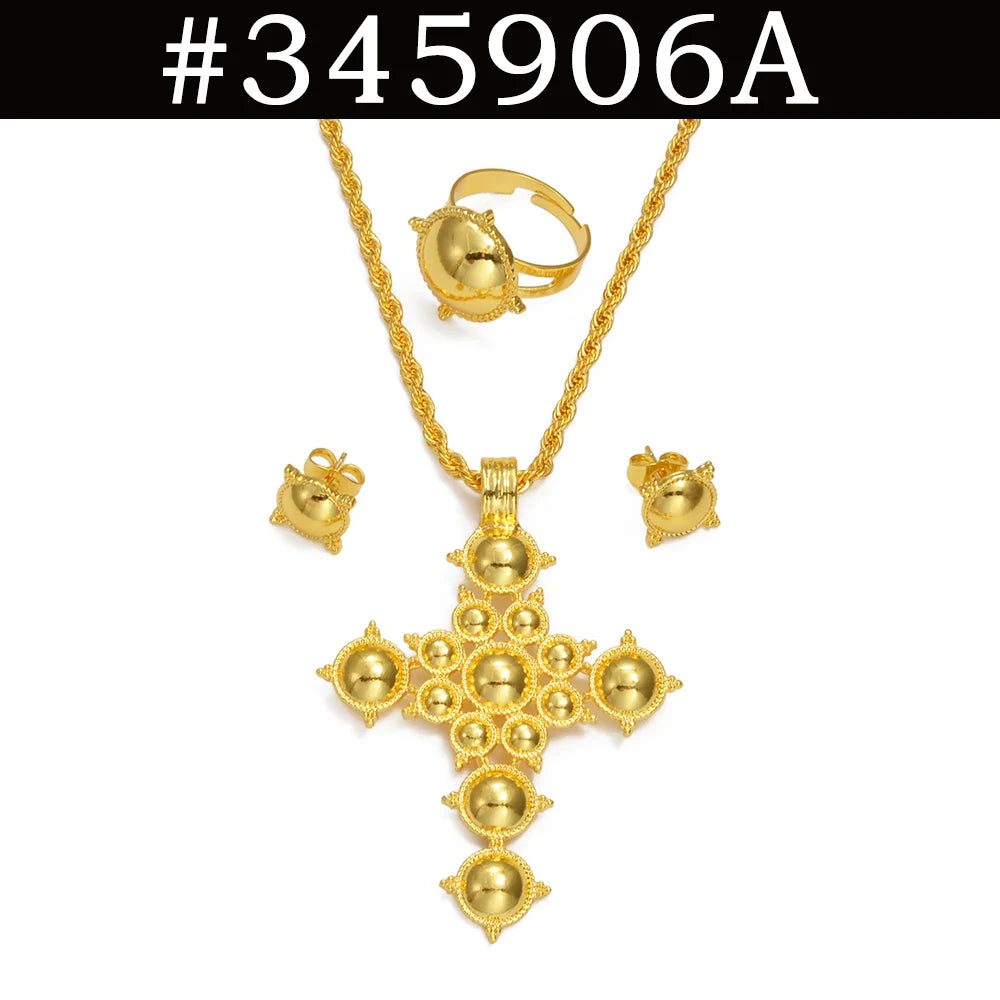 Anniyo Ethiopian Cross Necklace Earrings Rings African Party Jewelry Set Women Girls Eritrean Habesha Accessories @345906A