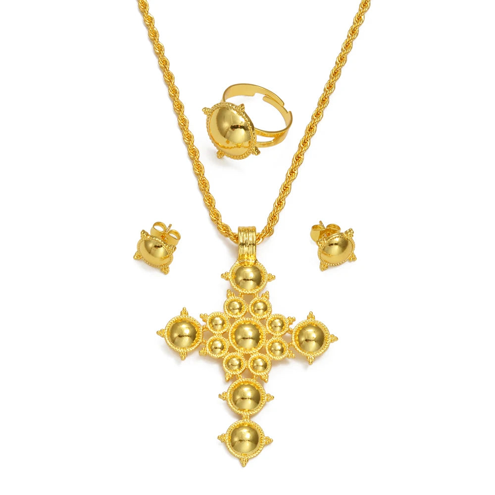 Anniyo Ethiopian Cross Necklace Earrings Rings African Party Jewelry Set Women Girls Eritrean Habesha Accessories @345906A