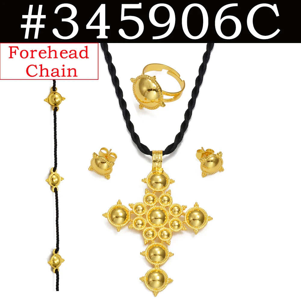 Anniyo Ethiopian Cross Necklace Earrings Rings African Party Jewelry Set Women Girls Eritrean Habesha Accessories @345906A