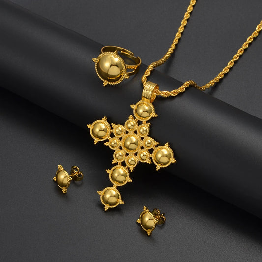 Anniyo Ethiopian Cross Necklace Earrings Rings African Party Jewelry Set Women Girls Eritrean Habesha Accessories @345906A